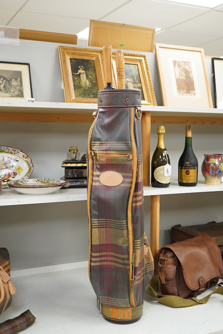 A Mulberry tartan canvas golf case, holdall and umbrella